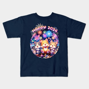 Happy new year 2024 Anime cats Kids T-Shirt